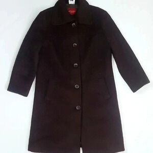 Vintage Olsen long button down Coat Sz M Brown 100% Wool Acetate Satin Linning
